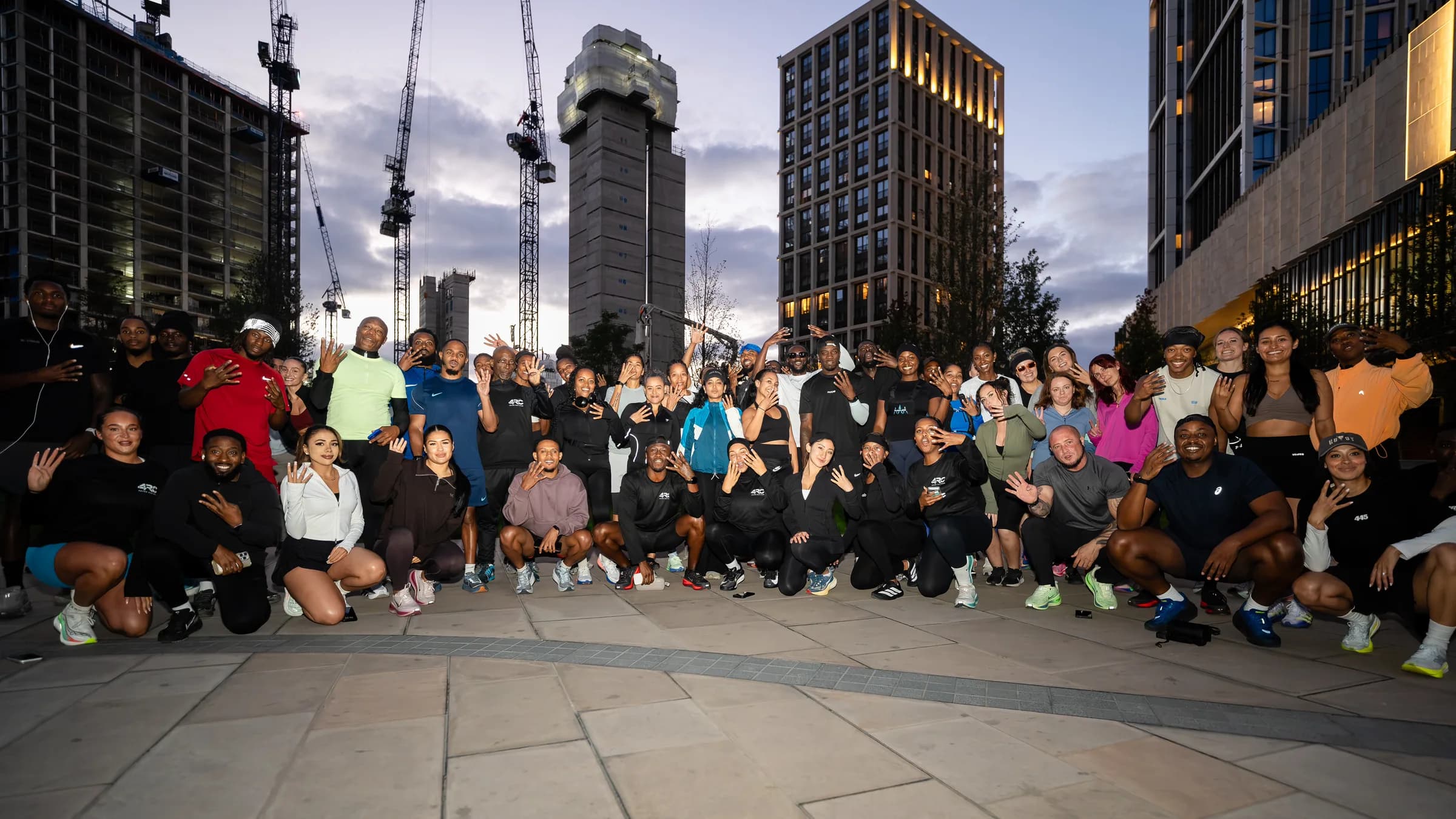 The 4RC crew together at One Thames City, Nine Elms, at dusk.